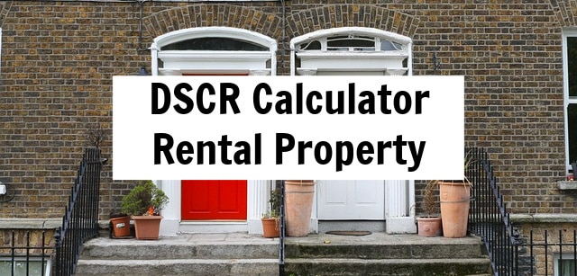 DSCR calculator for rental property overlaid on a brick wall with two front doors, one red and one white, symbolizing investment opportunities in real estate.